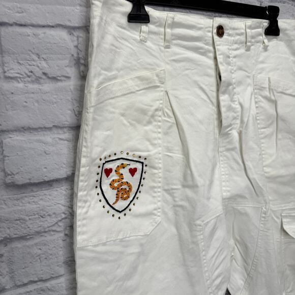 ME369 Aubree Drop Crotch Ankle Pants White Cargo Embroidered Size M - Picture 2 of 9